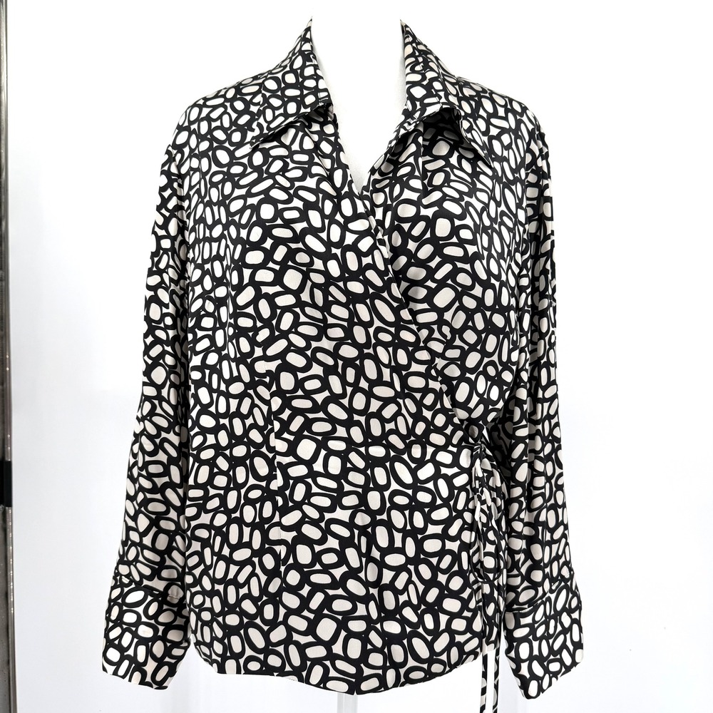 Vintage ICE 100% Silk Black White Blouse Geometric Print Long Sleeve Side Tie